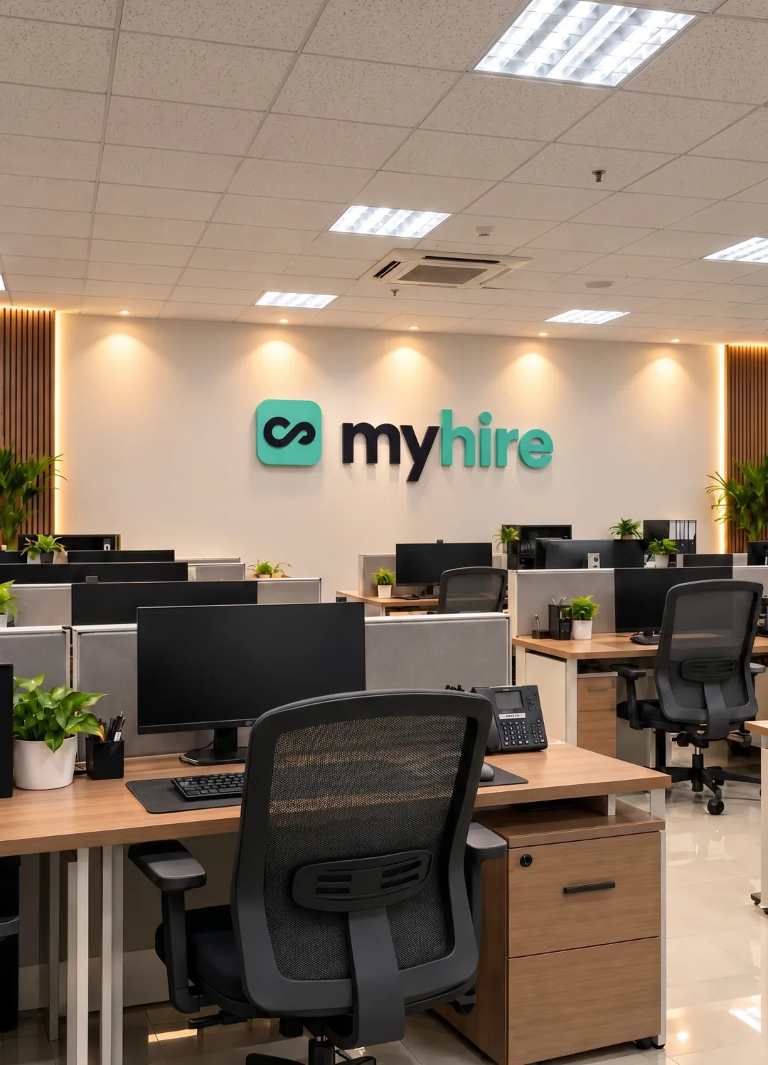 The office floor in Cebu, rows of desks under the MyHire wall sign